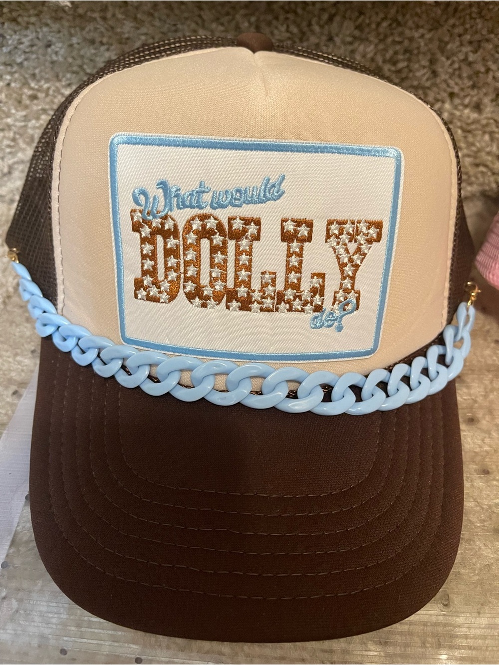 What Would Dolly Trucker Hat in Brown, Cream & Light Blue
